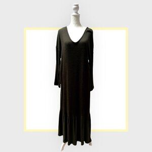 Anthropologie -Dark Green Ribbed Sweater Dress with Ruffle Hem